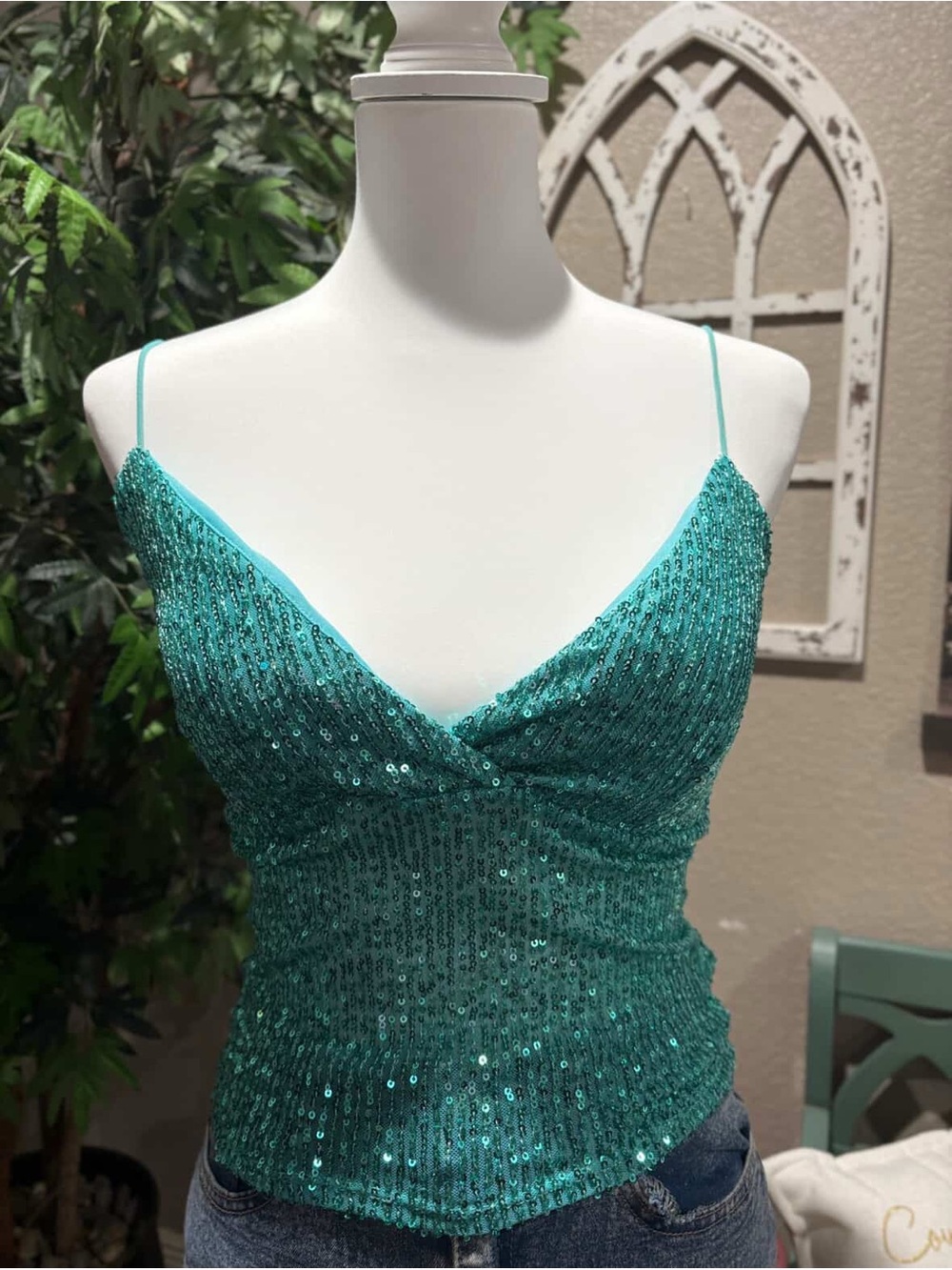 Teal Sequin Spaghetti Strap Cami